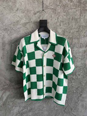 Casablanca Green And White Checkered Openwork Knit Short-Sleeved Cardigan